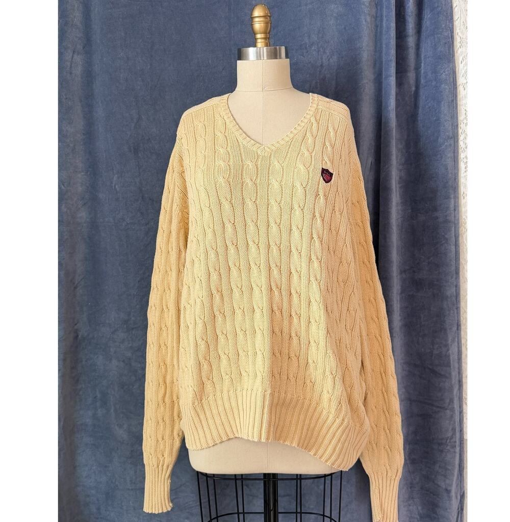 Vintage 90s Polo Ralph Lauren Cream Cable Knit Cotton V-Neck Crest Sweater